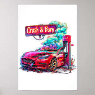 Stock Market Crash & Burn, EV Elon Musk e.g. Poster