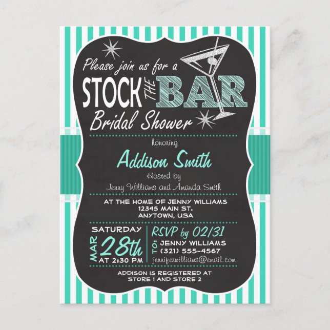 Stock the Bar Bridal Shower; Aqua Invitation Postcard (Front)
