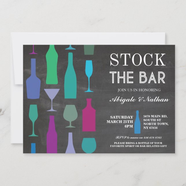 Stock The Bar Chalk Navy Bottles Party Invitation (Front)