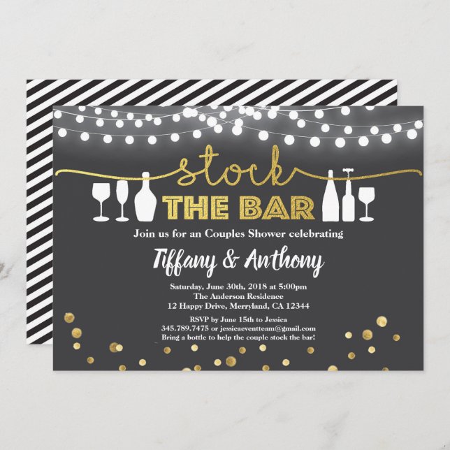 Stock the bar invitation rustic black gold white (Front/Back)