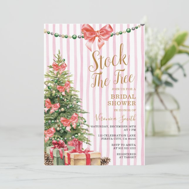 Stock The Tree Christmas Pink Bow Bridal Shower Invitation (Standing Front)
