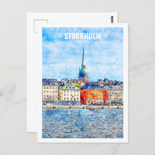 Stockholm Sweden Famous Travel Watercolor Sketch Postcard