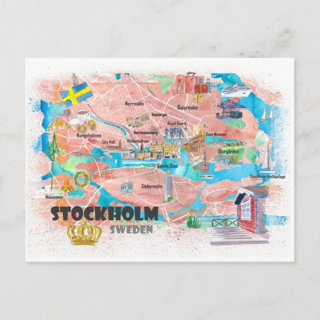 Stockholm Sweden Illustrated Map Postcard (Front)