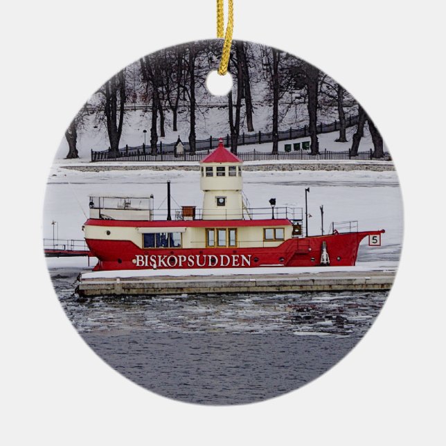 Stockholm Sweden Lightship Biskopsudden Birthday Ceramic Tree Decoration (Front)
