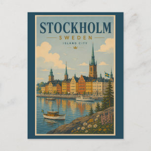 Stockholm Sweden Skyline Illustration Travel Art Postcard
