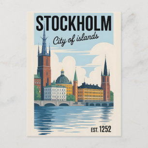 Stockholm Sweden Skyline Retro Travel Postcard
