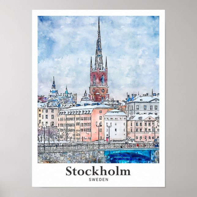 Stockholm Sweden Travel Watercolor Hand Drawn Poster (Front)