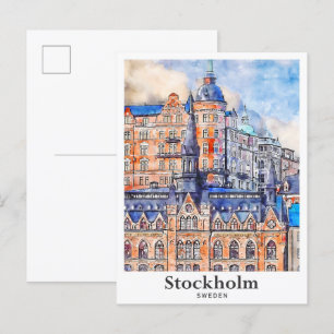 Stockholm Sweden Travel Watercolor Sketch  Postcard