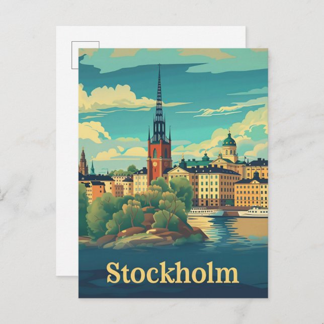 Stockholm Sweden Vintage Retro Travel Illustration Postcard (Front/Back)