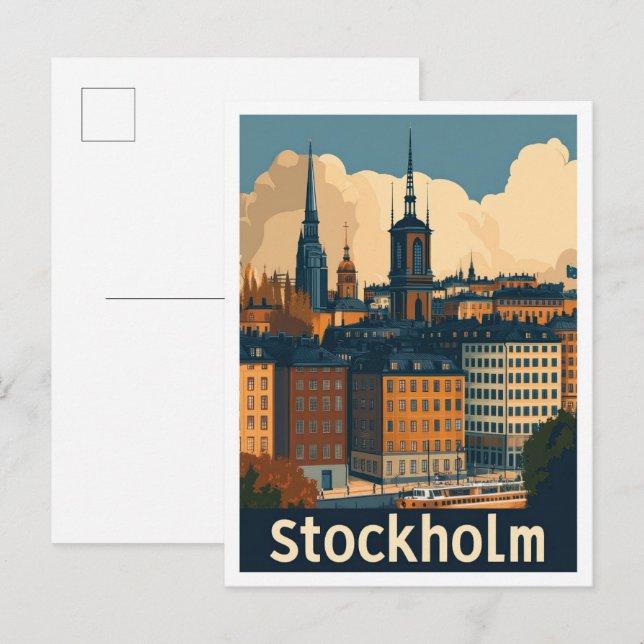 Stockholm Sweden Vintage Travel Illustration Postcard (Front/Back)