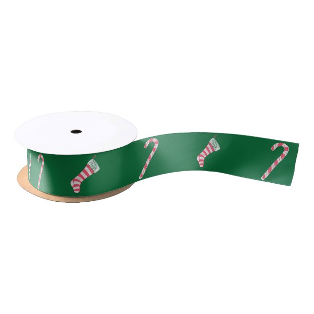 Stocking & Candy Cane Pattern Satin Ribbon (Spool)