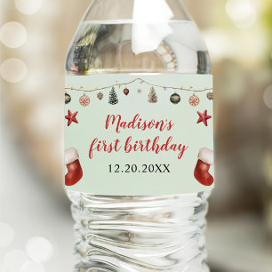 Stocking Christmas 1st Birthday Party Water Bottle Label