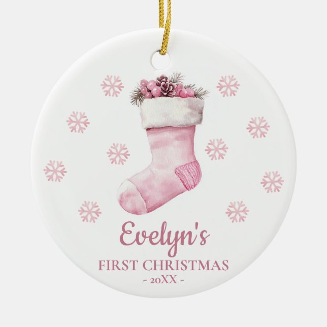 Stocking Personalized Girl's First Christmas Ceramic Tree Decoration (Front)