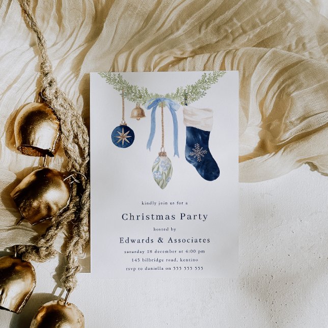 Stocking & Wreath Modern Blue Christmas Party Invitation (Creator Uploaded)