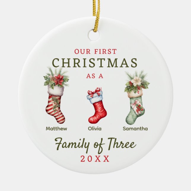 Stockings Family of Three First Christmas Ceramic Tree Decoration (Front)