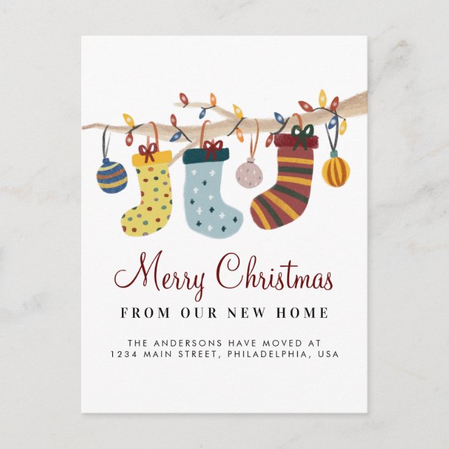 Stockings Merry Christmas New Home Holiday Moving Announcement Postcard (Front)