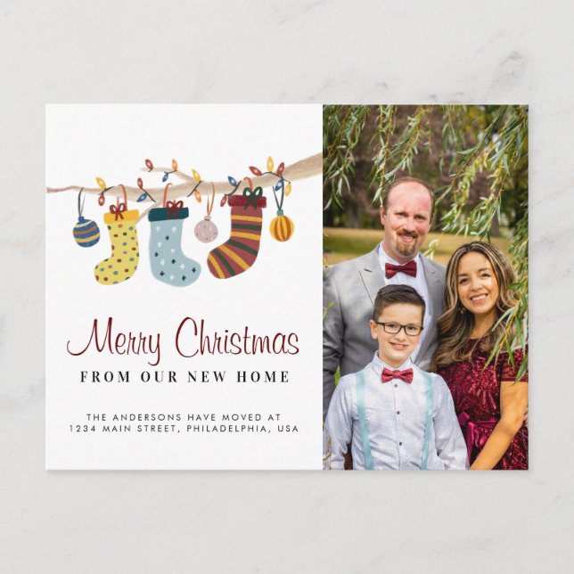 Stockings Merry Christmas New Home Photo Moving Announcement Postcard (Front)