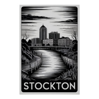Stockton California Skyline Black White Woodcut Poster