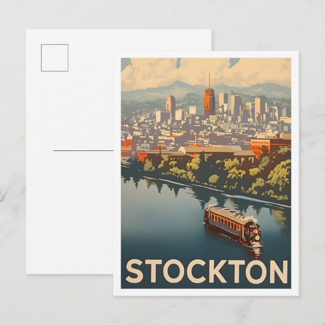 Stockton California Vintage Travel Illustration Postcard (Front/Back)