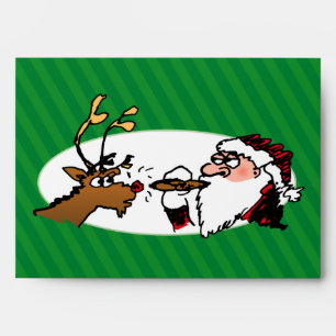 Stogie Santa and Reindeer on Green Stripes Envelopes