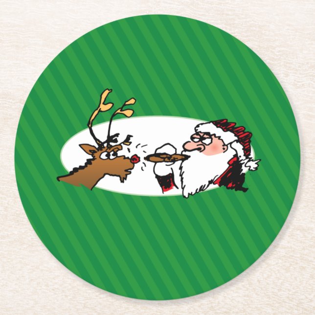 Stogie Santa and Reindeer on Green Stripes Round Paper Coaster (Front)