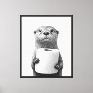 Stoic Otter Holding Toilet Paper Roll Black White Canvas Print