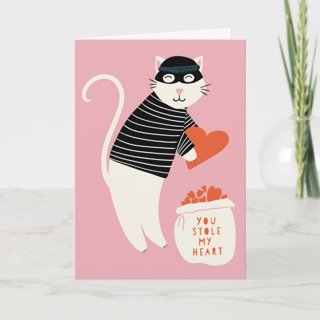 Stole My Heart Cat Burglar Valentine Greeting Card (Front)