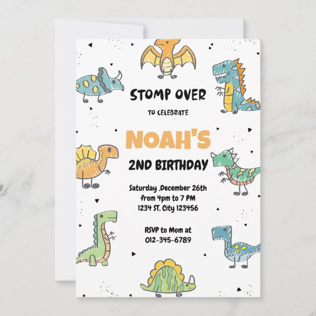 Stomp, Chomp and Roar! Dinosaurs Birthday Party Invitation (Front)