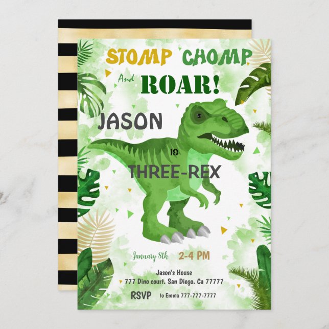 STOMP CHOMP And ROAR! Its Dinosaur Birthday Invitation (Front/Back)