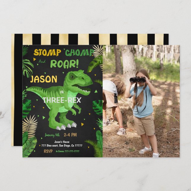 STOMP CHOMP And ROAR! Its Dinosaur Birthday Photo Invitation (Front/Back)