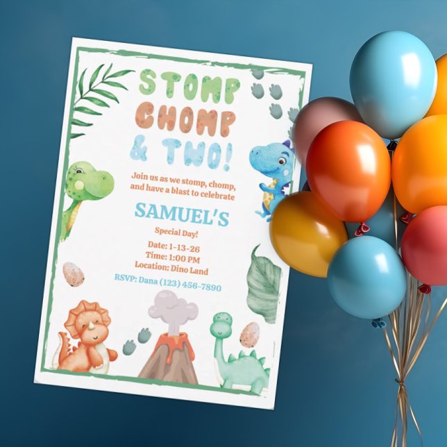 Stomp, Chomp, and Two Watercolor Dinosaur Birthday Invitation (Creator Uploaded)