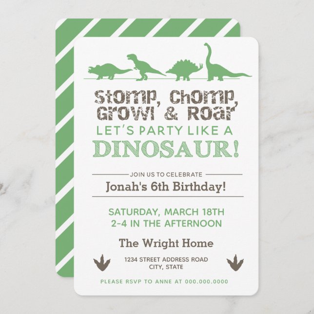 Stomp, Chomp Growl & Roar, Dinosaur Birthday Party Invitation (Front/Back)