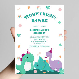 Stomp Chomp Rawr Cute Dinosaur Birthday Invitation