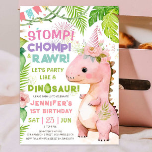 Stomp Chomp Rawr! Dinosaur 1st Birthday Girl Pink Invitation