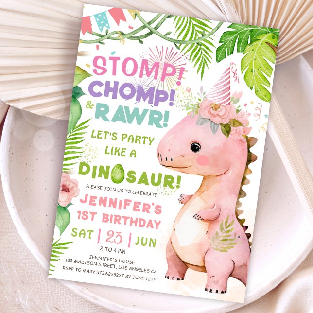 Stomp Chomp Rawr! Dinosaur 1st Birthday Party Girl Invitation (#DinosaurBirthdayInvitation #DinosaurBirthdayInvite #GirlDinosaurBirthdayInvitation)