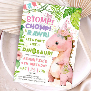 Stomp Chomp Rawr! Dinosaur 4th Birthday Party Girl Invitation