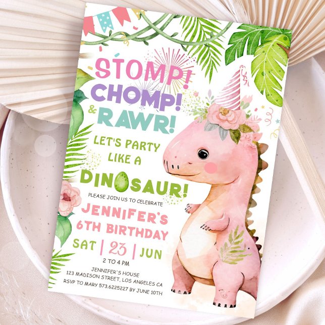 Stomp Chomp Rawr! Dinosaur 6th Birthday Party Girl Invitation (Creator Uploaded)