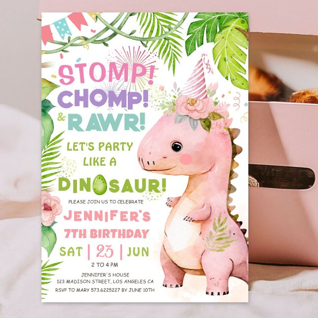 Stomp Chomp Rawr! Dinosaur 7th Birthday Girl Pink Invitation (Creator Uploaded)