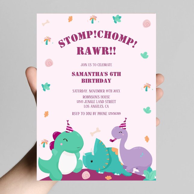 Stomp Chomp Rawr Pink Cute Dinosaur Birthday  Invitation (Creator Uploaded)