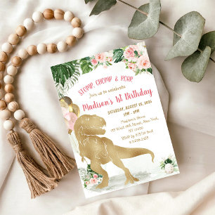Stomp, Chomp, Road Dinosaur Gold Pink Birthday Invitation