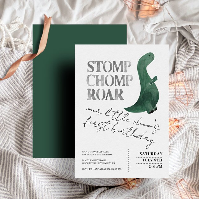 Stomp Chomp Roar Baby Boy Dinosaur First Birthday Invitation (Creator Uploaded)