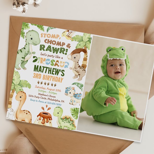 Stomp Chomp Roar Dinosaur 3rd Birthday Photo Invitation (Creator Uploaded)