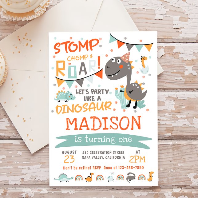 Stomp, Chomp & Roar Dinosaur Birthday Party Invitation (Creator Uploaded)