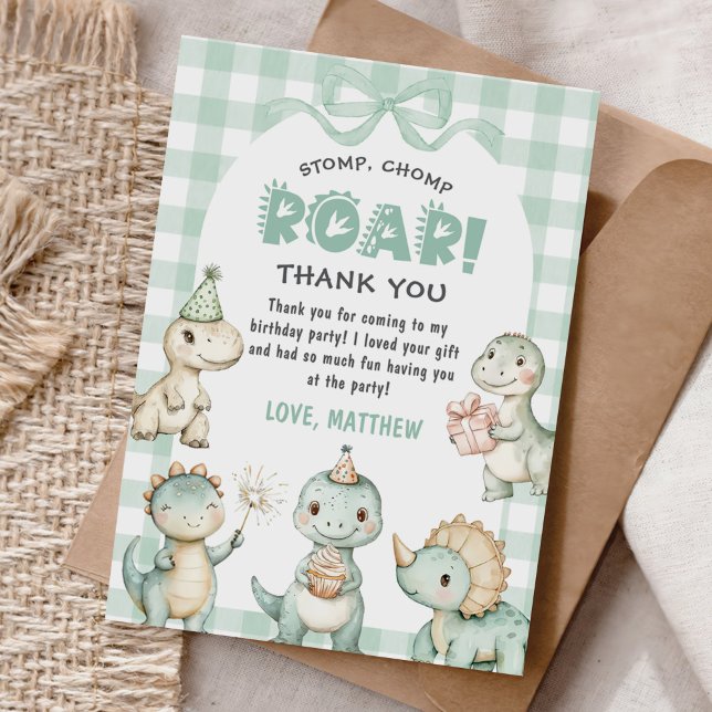 Stomp Chomp Roar Dinosaur Gingham 1st Birthday Thank You Card (Creator Uploaded)
