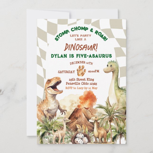 Stomp Chomp Roar Dinosaur Kid's Birthday Party Invitation (Front)