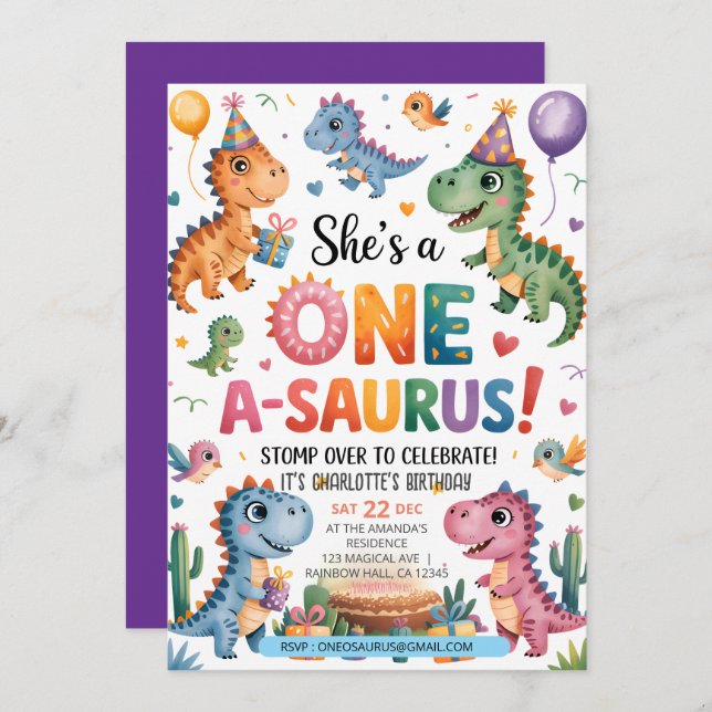 Stomp Chomp Roar dinosaur one a saurus birthday Invitation (Front/Back)