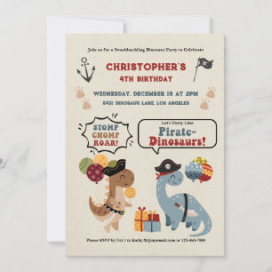 Stomp Chomp Roar Dinosaur Pirate Boys Birthday Invitation
