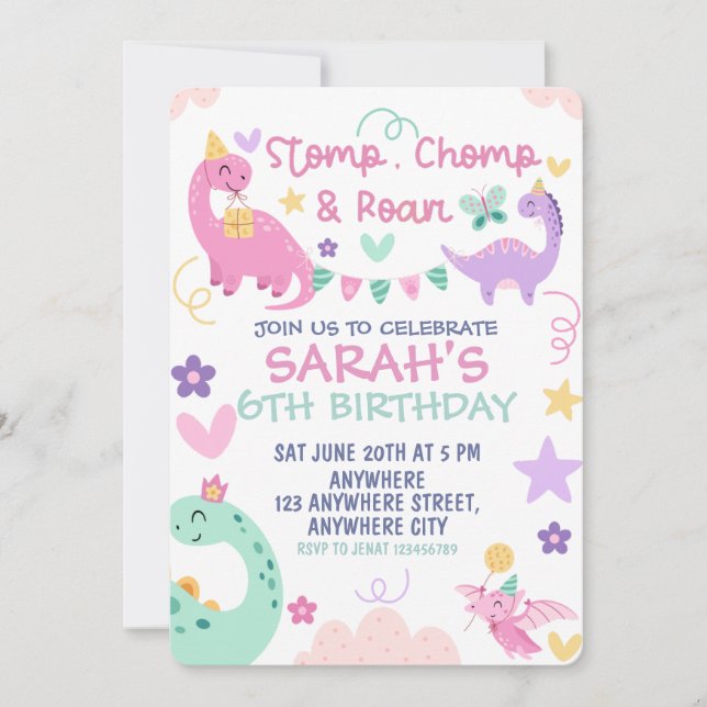 Stomp Chomp Roar Pastel Dinosaur Birthday Party Invitation (Front)