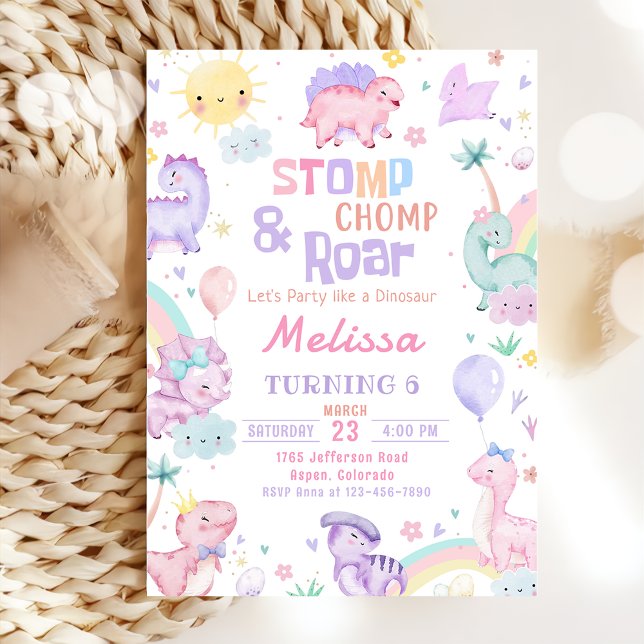 Stomp Chomp & Roar Pink Dinosaur Girl Birthday Invitation (Creator Uploaded)