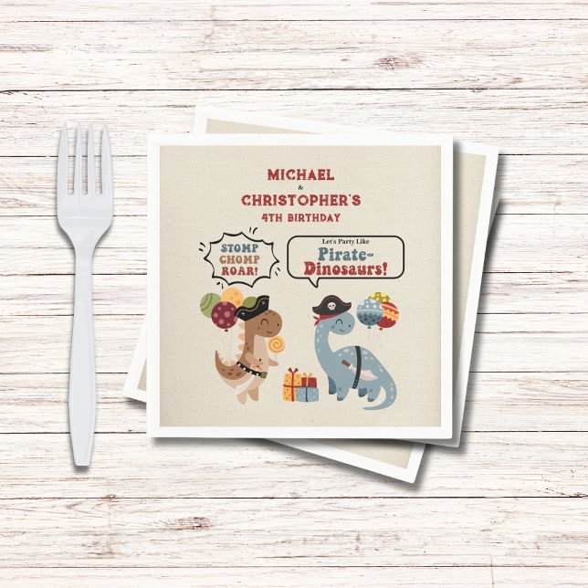 Stomp Chomp Roar Pirate Dinosaur Twin Boy Birthday Napkin (Your twin boys will Chomp Stomp Roar with these pirate dinosaurs as they celebrate their birrthday.)